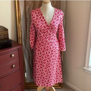 DVF VINTAGE PINK & WHITE SILK WRAP DRESS SIZE 10